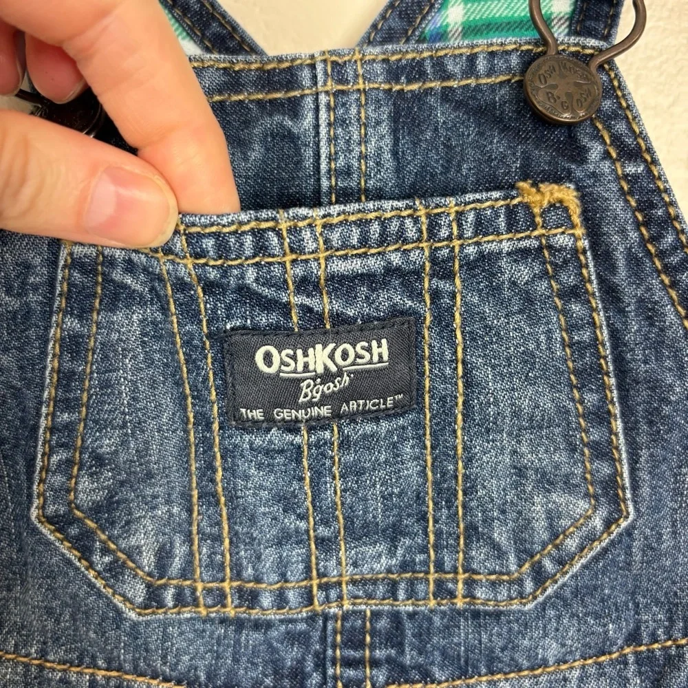 OshKosh B'Gosh Denim Bib Overalls‎ Vestbak Size 9 Mos. Plaid Flannel Lining Blue